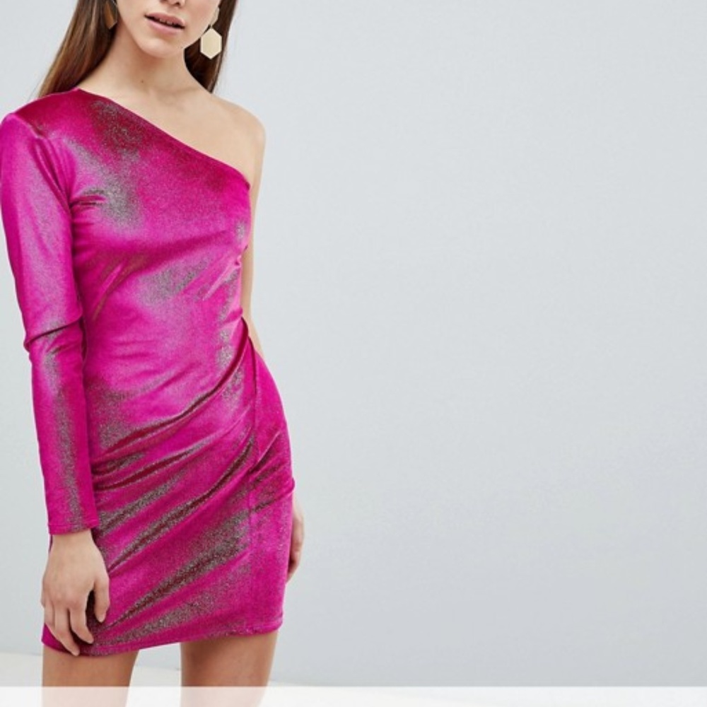 Off shoulder pink glitter shimmer metallic dress